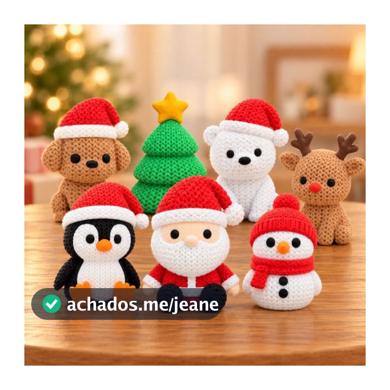 Enfeite de Natal Personagens Natalinos Efeito Crochê Papai Noel Rena Boneco de Neve Decoração
