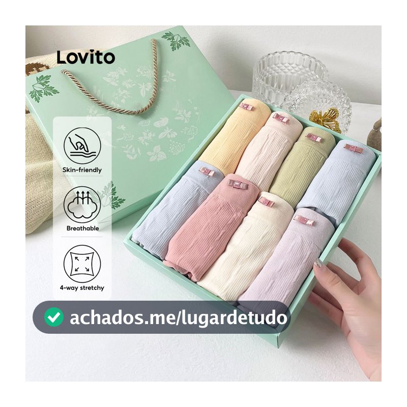 Lovito Casual Conjunto de 8 Calcinhas de Algodão Renda Respiráveis e Elásticas Multicoloridas para Mulheres LNE1132X066