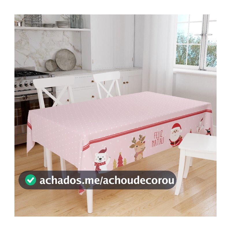 Toalha de Mesa Retangular Natalina Serve 4 e 6 Lugares Decoração Elegante Papai Noel e Rena Rosa