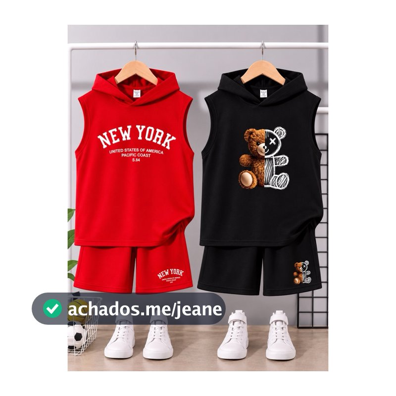 kit 4 peças 2 conjuntos infantil menino algodão short e regata capuz verão confortável