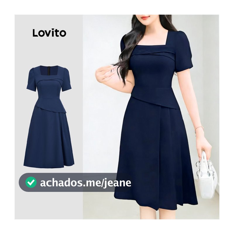 Lovito Elegante Vestido Assimétrico Plissado Requintado Primavera/verão Azul Marinho para Mulheres. L172ED402