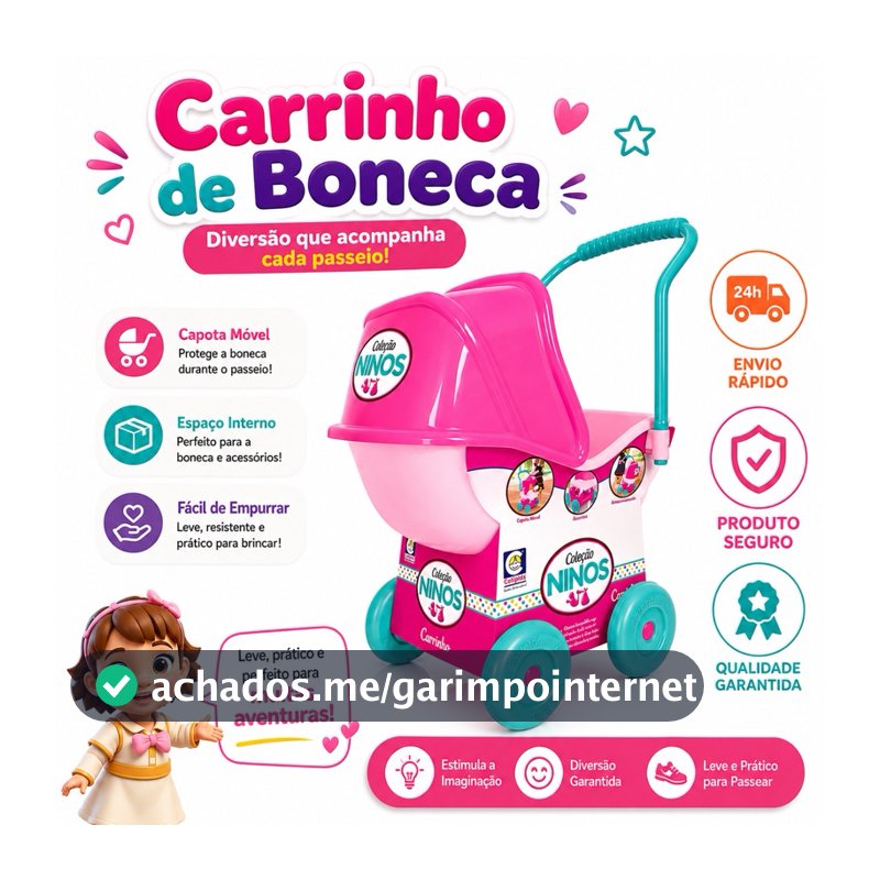 Carrinho de Boneca Rosa Passeio Infantil Leve e Resistente Menina
