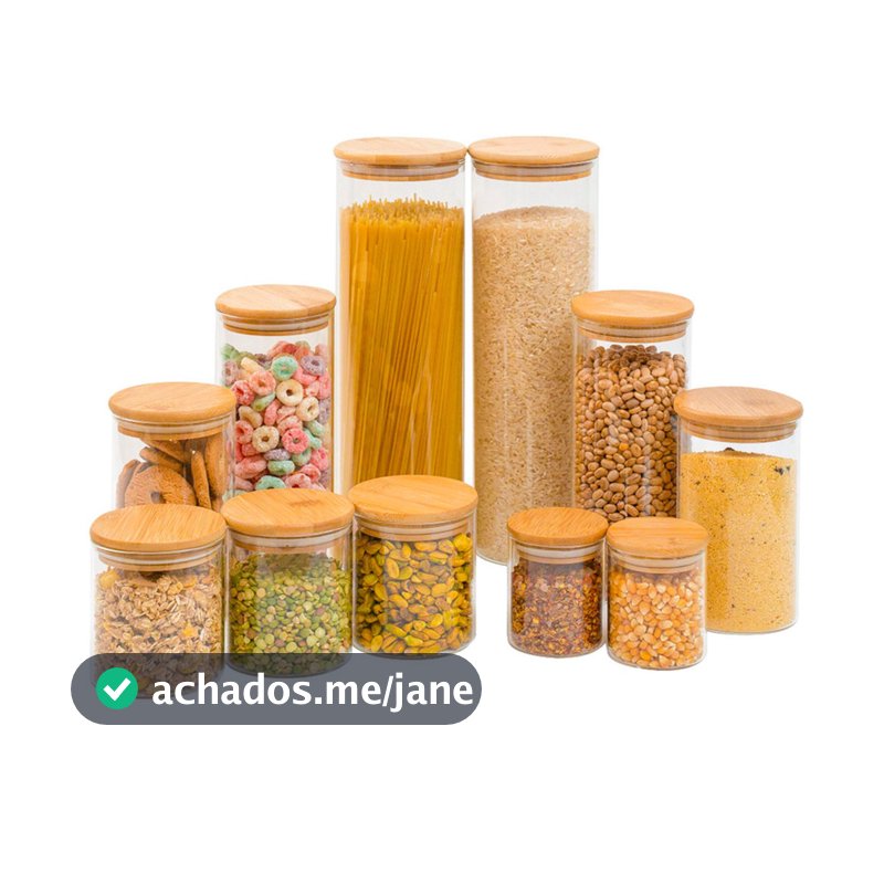 Kit 11 potes de vidro com tampa de bambu herméticos redondos - Tüd