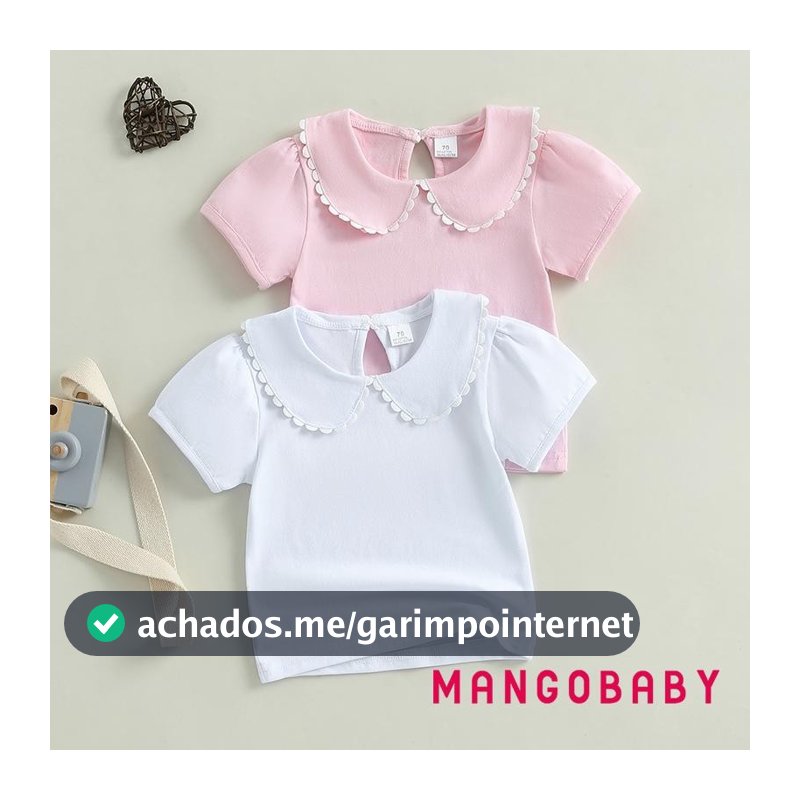 Mango-Toddler Girl Verão Doce Camiseta Contraste Cor Manga Curta Gola Boneca Tops Casuais