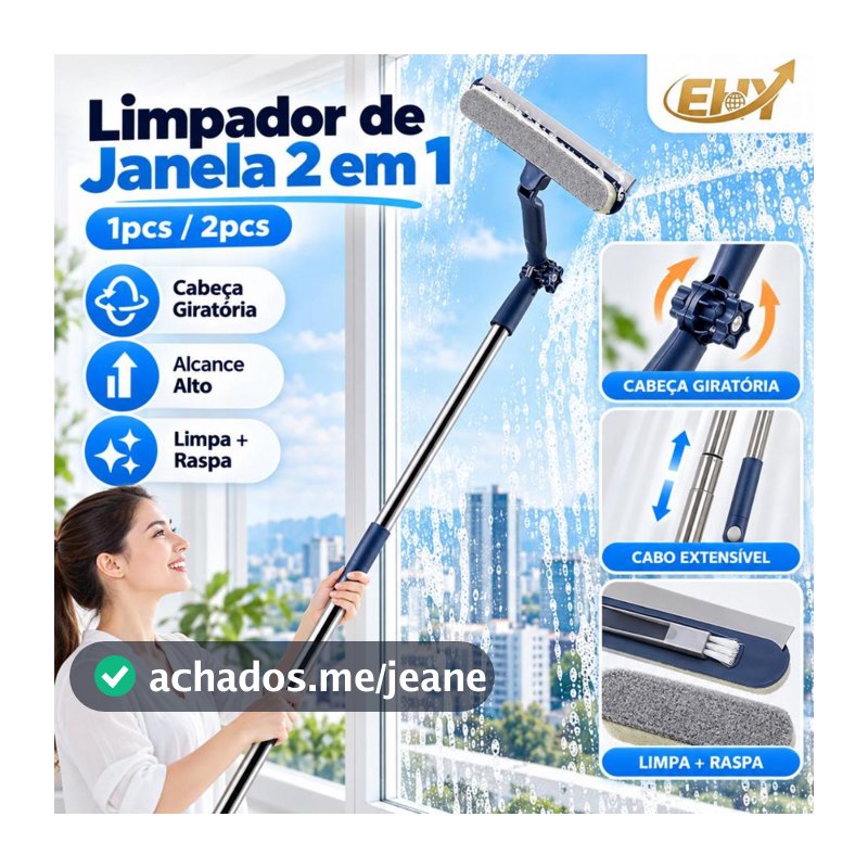 Limpador de Vidros 2 em 1 com Cabo Extensível 180° Giratório para Janelas Externas