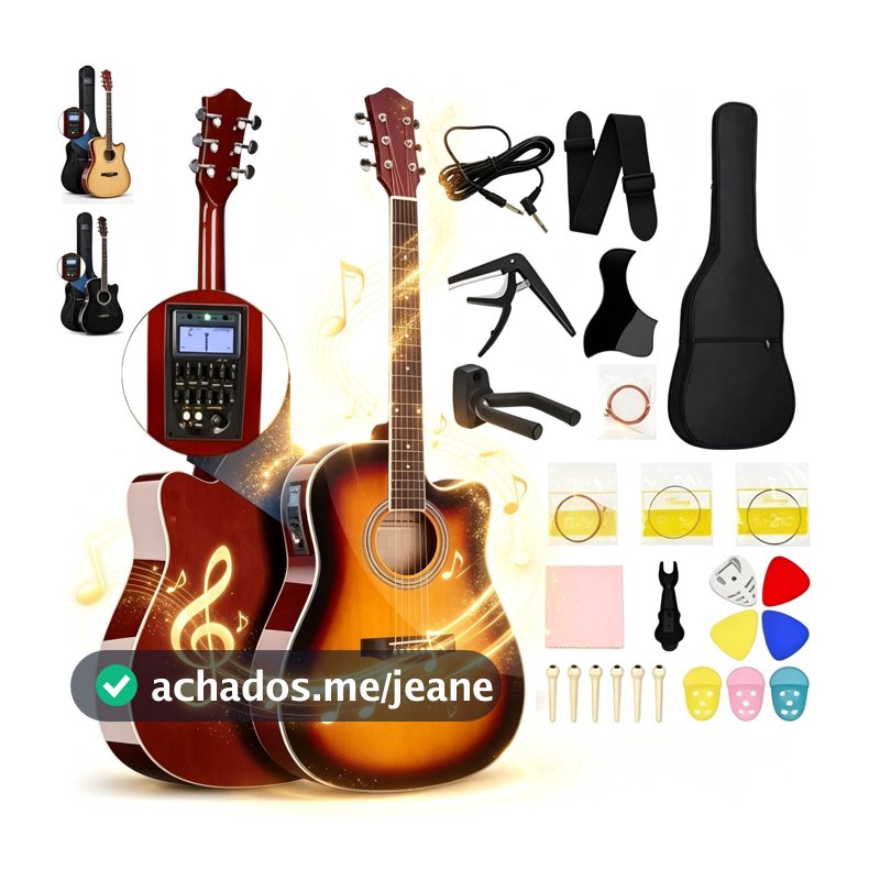 Kit 38 polegadas Violão Eletroacústica Acústicas 6 Cordas P/iniciante Para destros Com Afinador+acessório+Estojo para