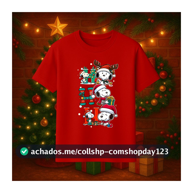 Camiseta de Natal Unissex para toda Familia - Estampa HoHoHo Snoopy Natal - Camisa Infantil ao Adulto em Algodão - Natal