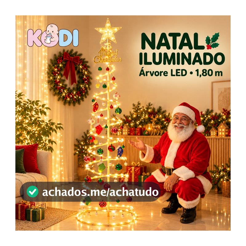 Árvore de Natal Espiral 180cm com Luzes LED, Estrela e Enfeites para Decoração de Natal KODI