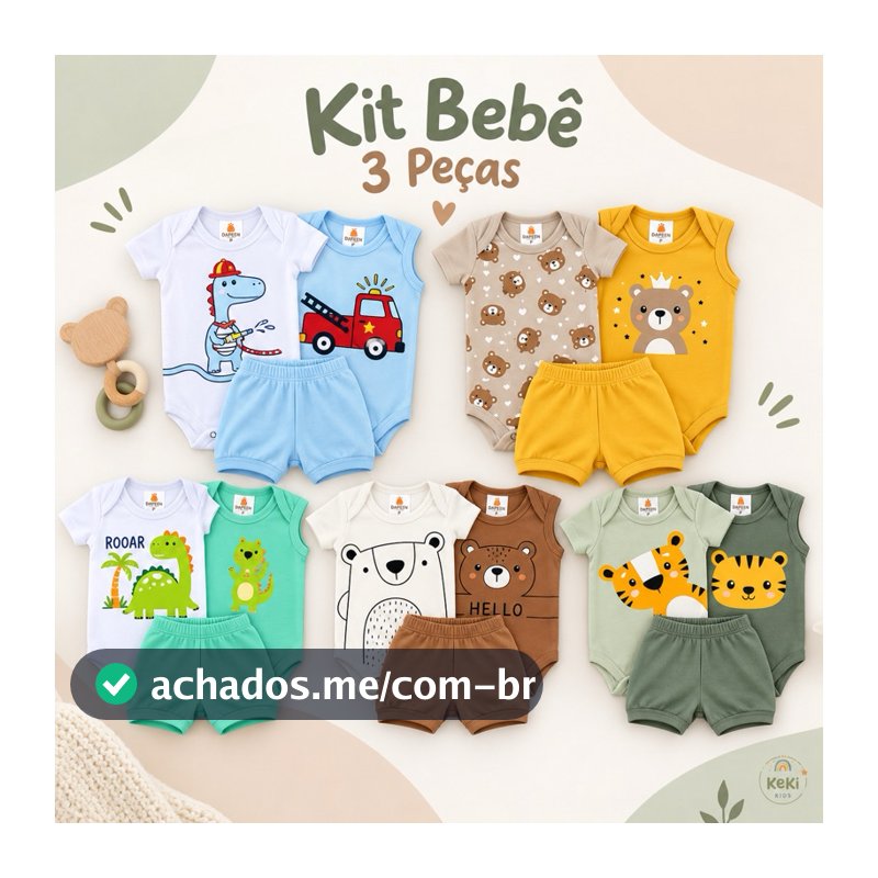 Kit 3 peças - Body Manga Regata Curta e Shorts - Tamanho P ao GG