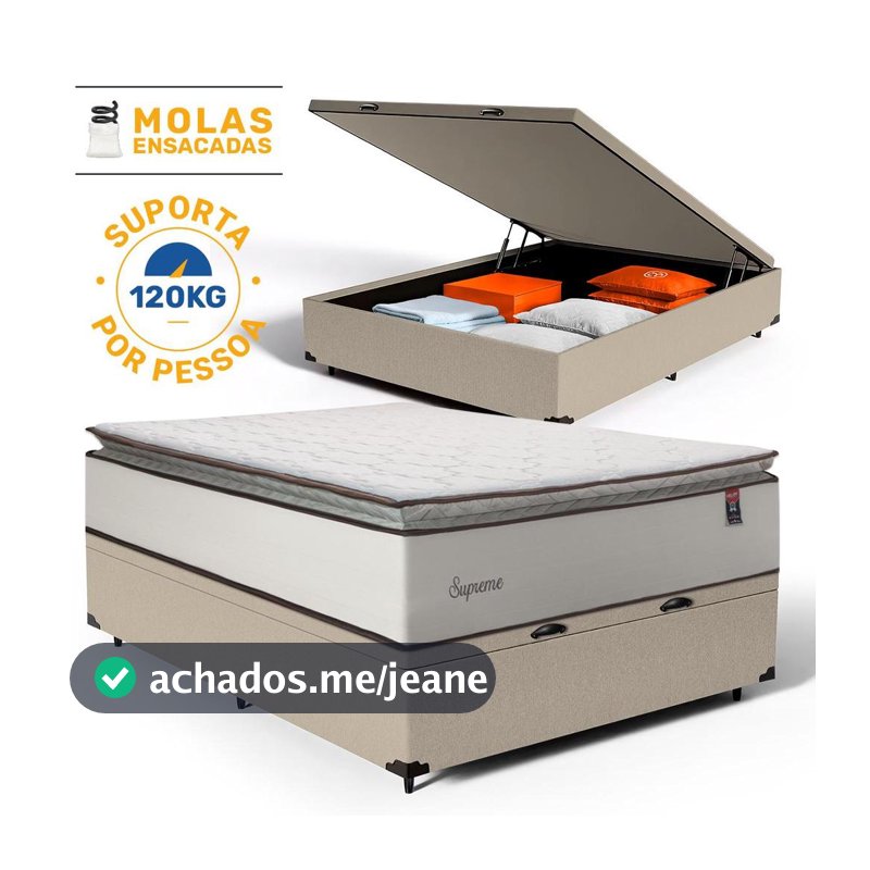Cama Box Baú com Colchão de Molas Ensacadas Pillow Top Supreme Lux Casal 138cm