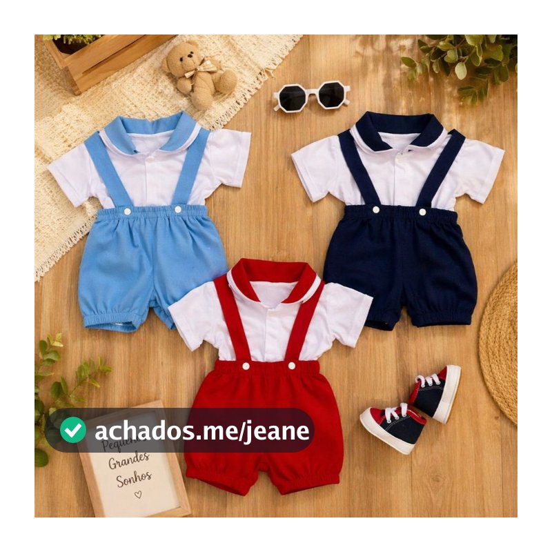 Kit 3 Jardineiras shorts com blusinha bebê recém-nascido 0-3 meses 6 peças príncipe