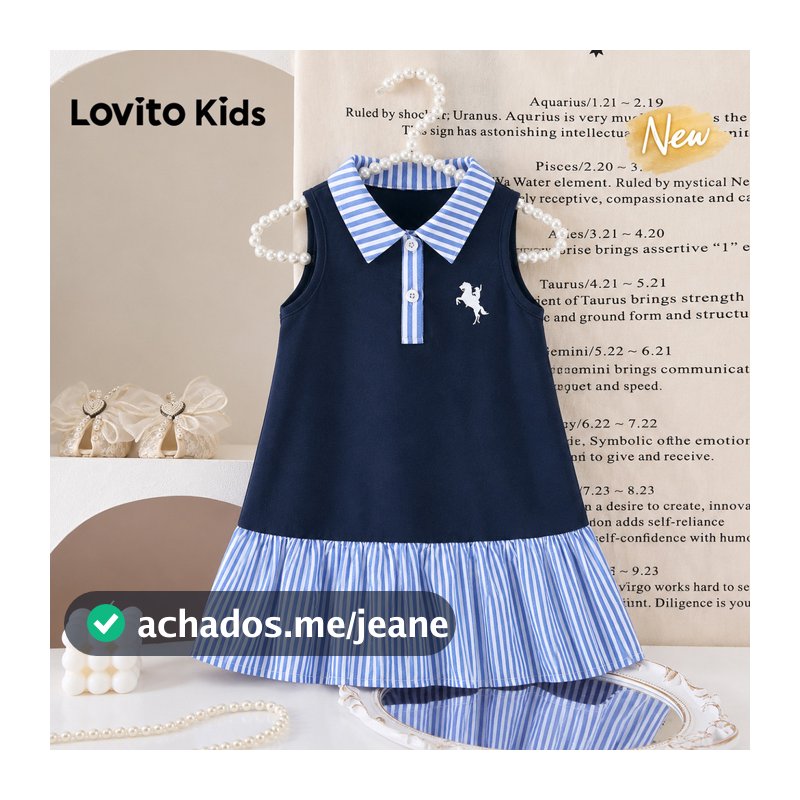(New Arrival) Lovito Kids Vestido Azul Casual Listrado Para Menina Com Botões Detalhes De Costura Em Tecido Comprimento Até O Joelho E Babado Para Primavera Verão Férias E Fins De Semana DRB210BK012