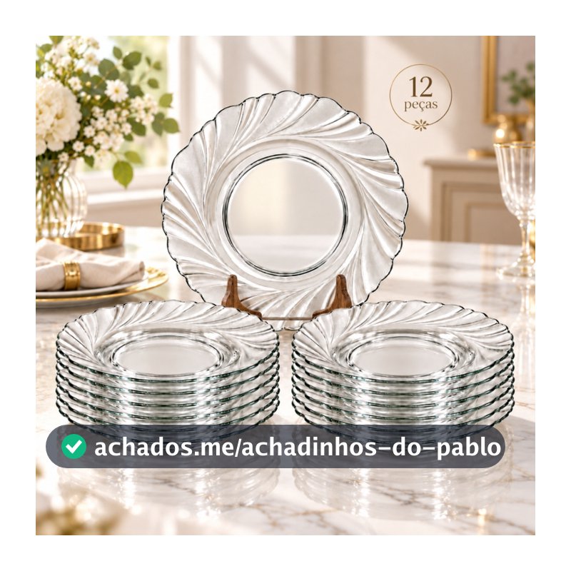Kit 12 Pratos Fundo De Vidro Transparente Almoço Relevo Espiral Ondulado Sobremesa Jantar 22cm Resistente Elegante