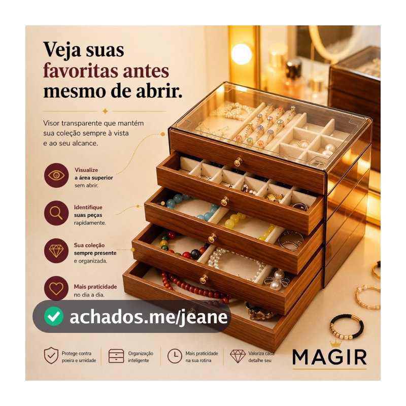 Caixa Porta Jòias+Porta Anéis Mdf 5 Gavetas Tampo Dobravel Com Vidro