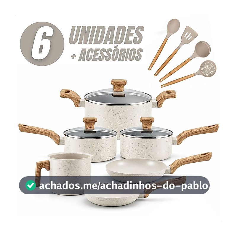 Jogo de Panelas 6 Peças Antiaderentes com Tampa de Vidro Temperada com 4 Utensílios de Cozinha