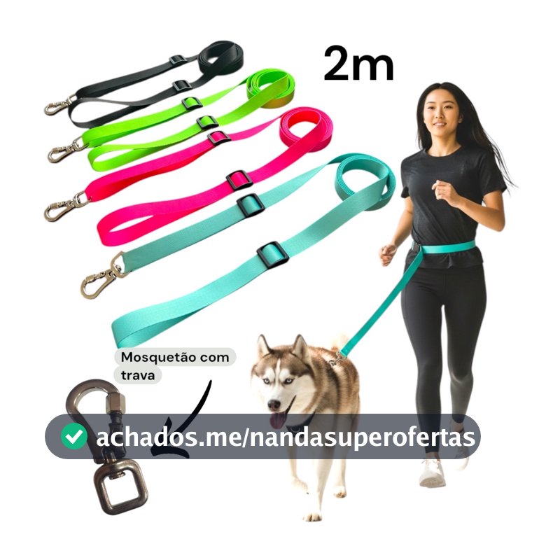 guia mãos livres para cachorro com 2 metros de comprimento e mosquetão giratório 360graus