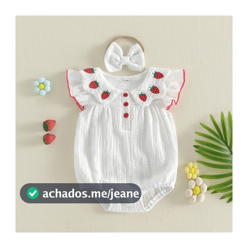 [helali] Conjunto De Macacão E Faixa De Cabeça Para Bebês Meninas Com Bordado De Morango Manga Voadora