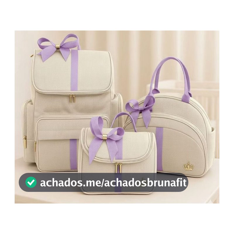kit Maternidade Bebe Bolsa Bege/Lilas Mochila Luxo Laço 3 bolsas Marfim