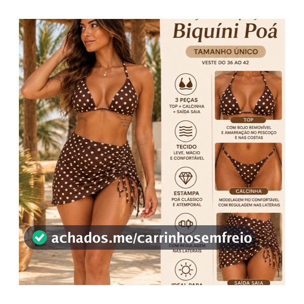 Biquíni Feminino Poá com Saia Pareô – Conjunto 3 Peças