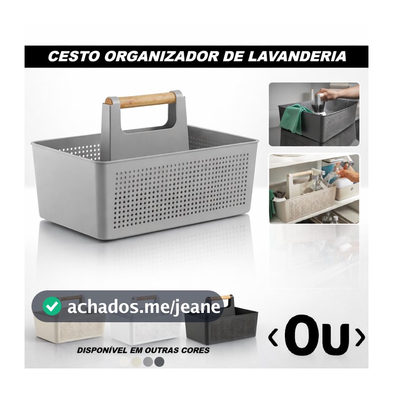Cesto Organizador Multiuso 8L Flow Com Alça Bambu Lavanderia Limpeza Armário Cozinha Plástico
