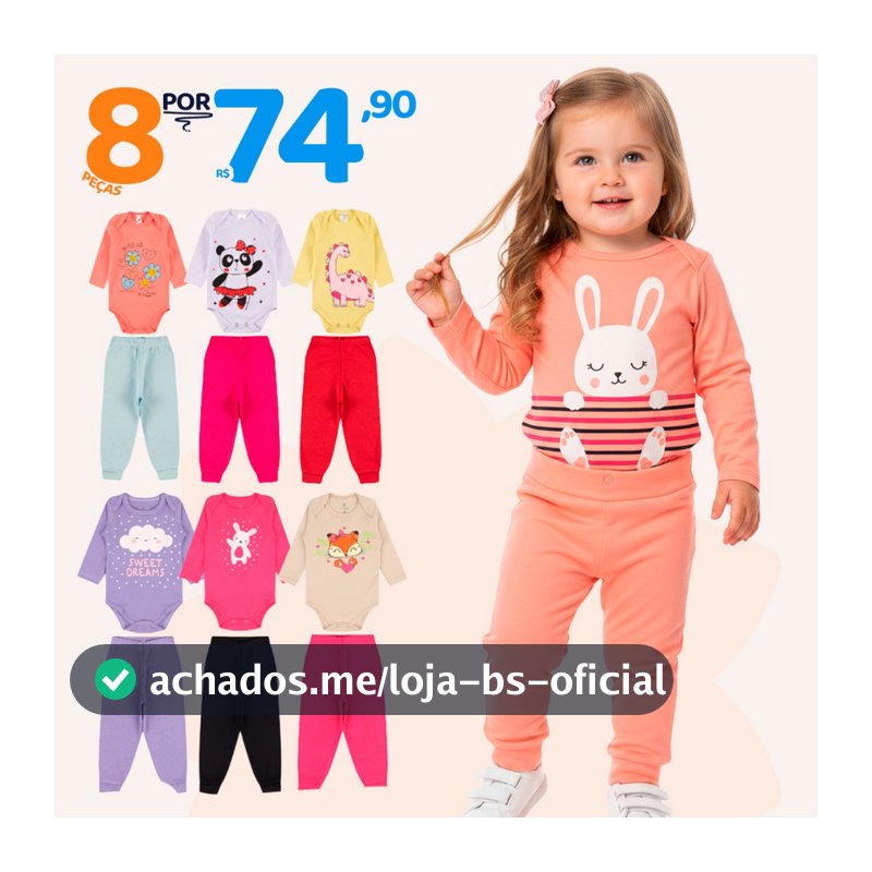 Kit 8 Peças de Roupas para Bebê Menina (4 Body Longo + 4 Calça Mijão)Kit 4 Conjuntos Calça e Body Roupa Infantil Bebê