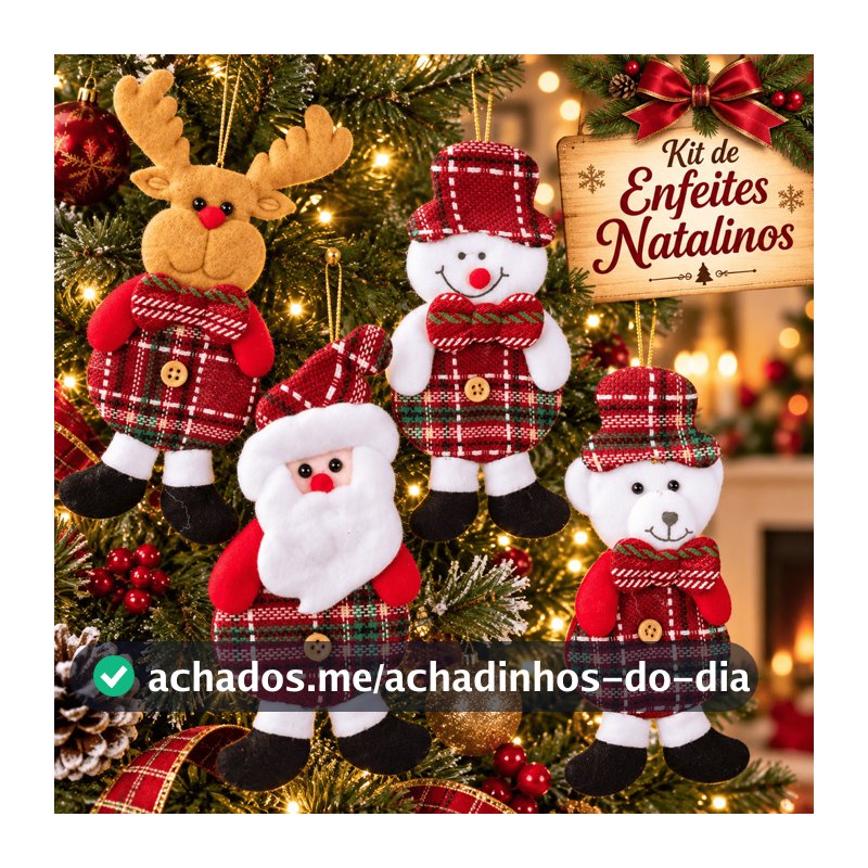 Kit Enfeite de Natal Pelúcia 13cm 12 Peças para Pendurar na Árvore Papai Noel Alce Urso Boneco de Neve