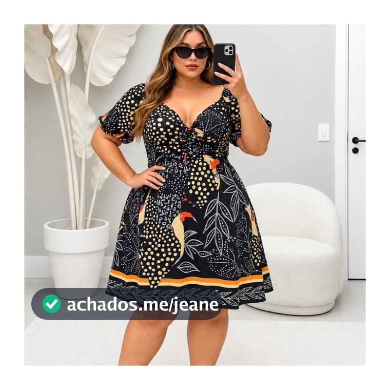 Vestido Plus Size Estampa Tropical Decote V Manga Curta Amarração Soltinho Elegante