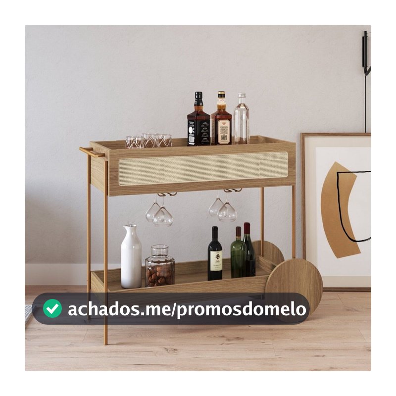 Carrinho Bar 1 Gaveta 110cm com Porta Taças Palhinha Pé Metal Oslo Bege/Hanover/Dourado Hanover/Dourado