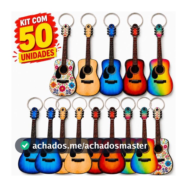Kit 50 Chaveiros De Violão MDF Colorido 6mm com Argola Instrumento Musical Lembrancinha Decoração