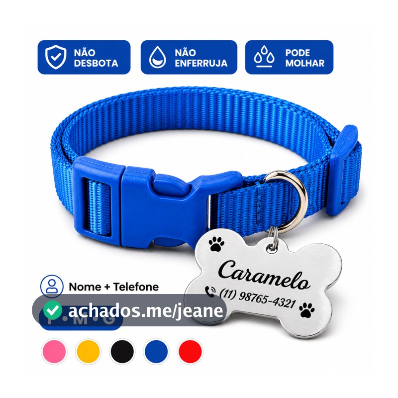 Coleira Pet Ajustável com Tag de Identificação Aço Inox Gravada a Laser
