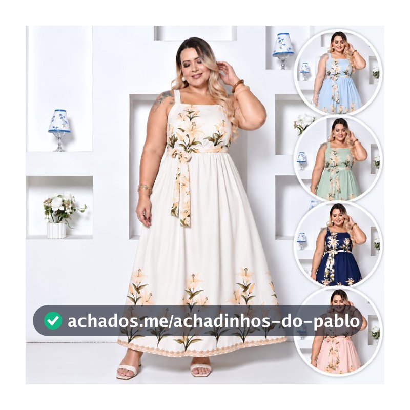 Vestido Longo Plus Size Estampado com Alça Grossa, Cinto, Elastex nas Costas, Elegante e Confortável