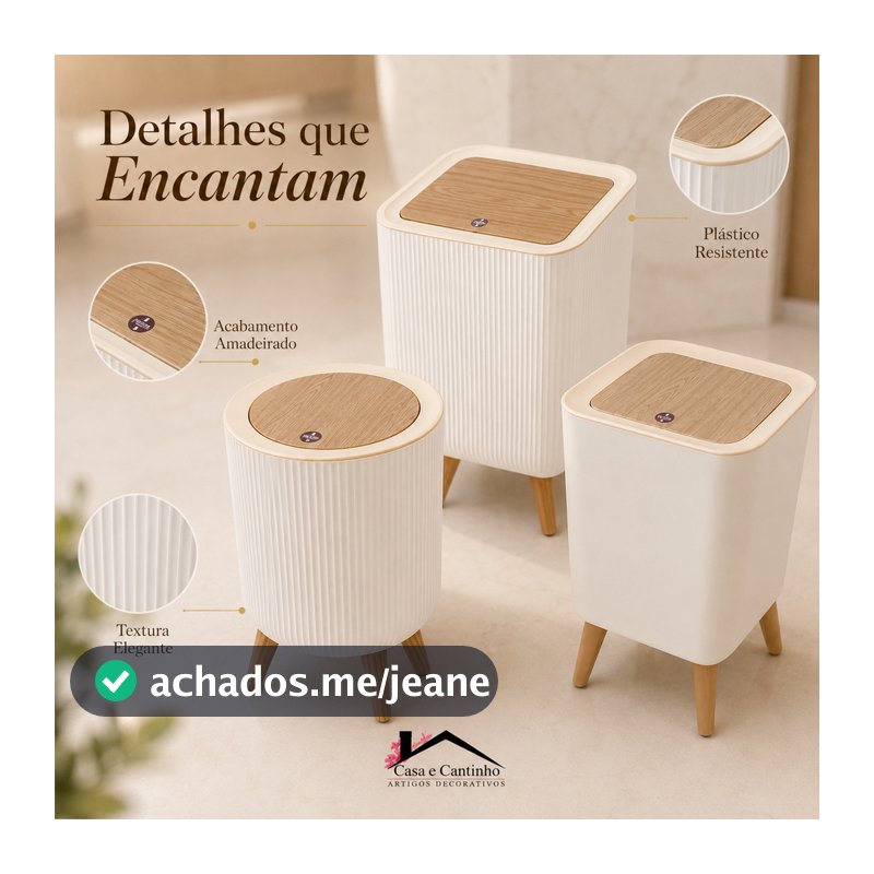 Lixeira De Plástico 9 Litros Branca Chanfrada Pés De Bambu Tampa Click De Pressão Cozinha Banheiro