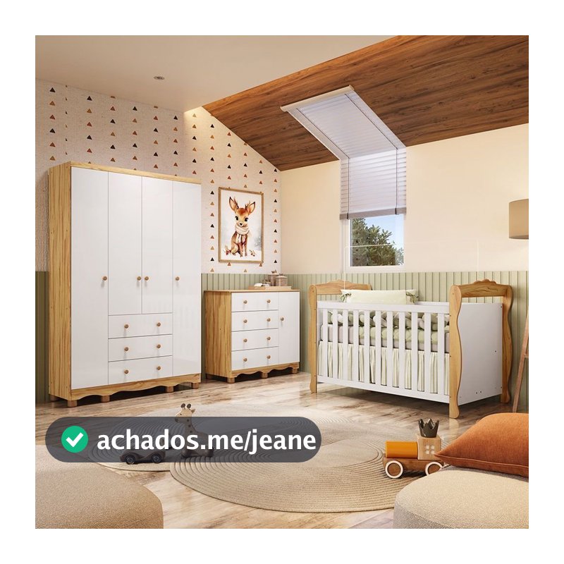 Quarto de Bebê Completo Berço 3 em 1, Cômoda e Guarda Roupa MDF Nina Espresso Móveis Branco/Amêndoa Branco