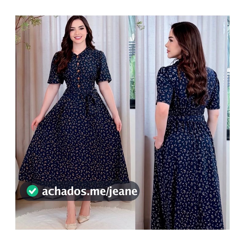 Vestido mídi Floral Feminino em Viscose - Gola Com Botoes - moda Evangelica