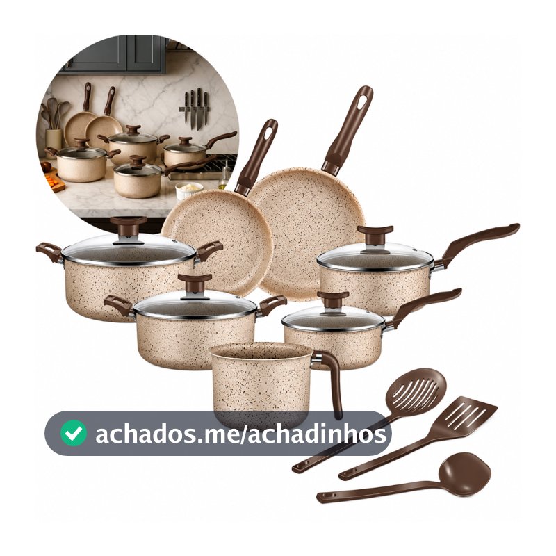 Jogo De Panelas 10 Peças Antiaderente Conjunto Frigideira Fervedor tampa de vidro Cor Coffee Cappuccino Kit Talheres