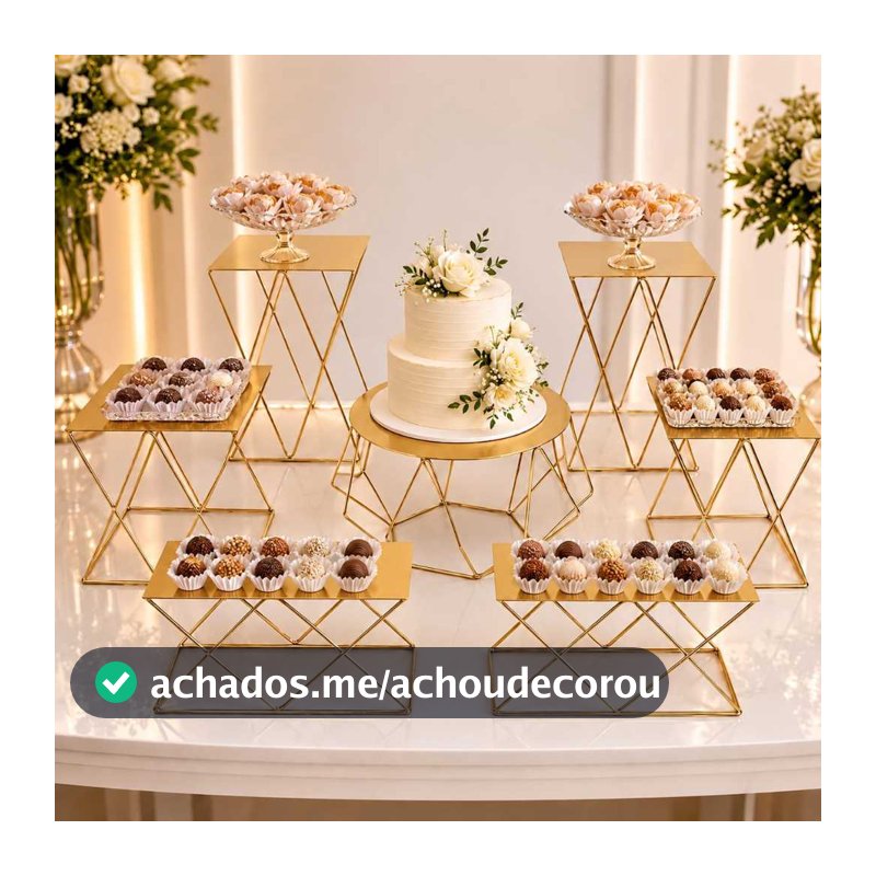 Kit 7 Peças Bandejas E Boleira Com Chapa De Ferro Dourado Para Decoração