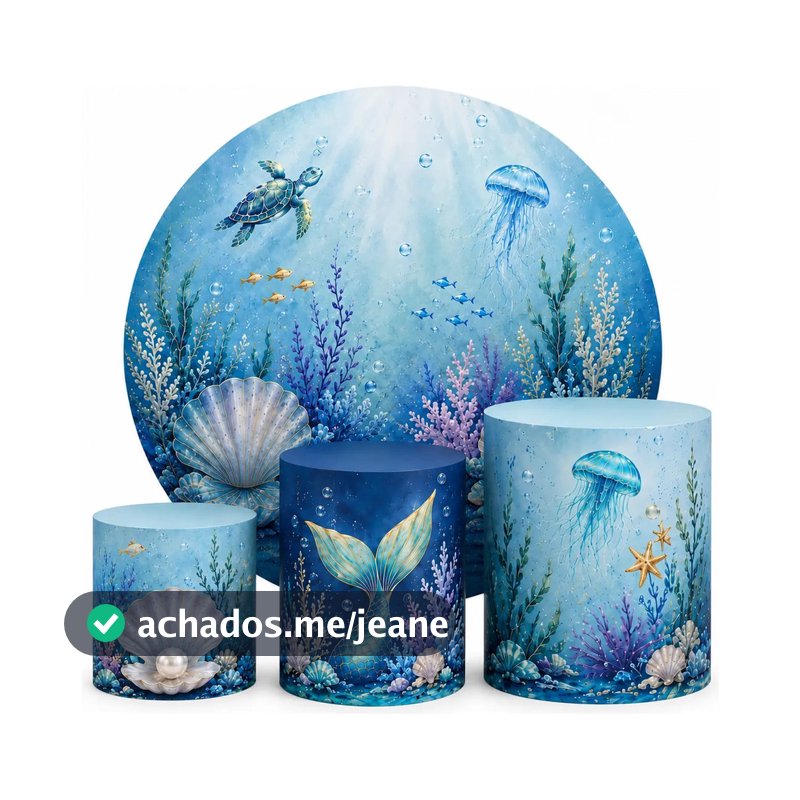 Kit Decoração Capa Painel Redondo 150x150cm Mais Trio Capas Cilindros - Tema Fundo Do Mar Lançamento Tecido Premium