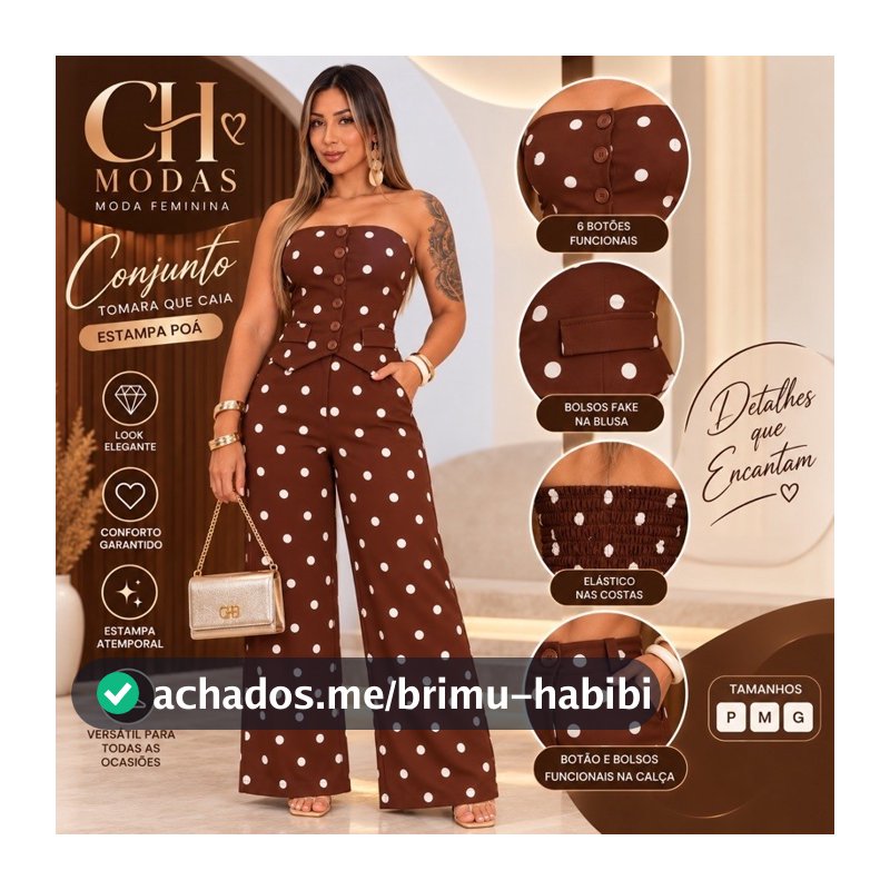 Conjunto Feminino Tomara que Caia Poá Calça Pantalona 6 Botões Funcionais Elegante Moda Feminina Look Festa Casual