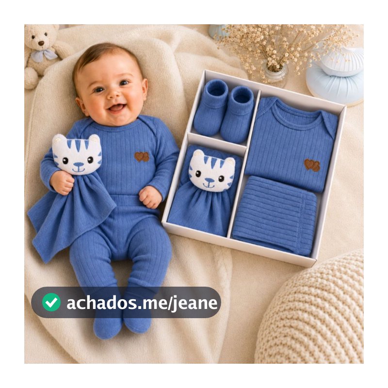 Presente Bebê Body Calça Mijão Canelado Naninha Gatinho Meia Sapatinho Algodão Enxoval Premium Azul