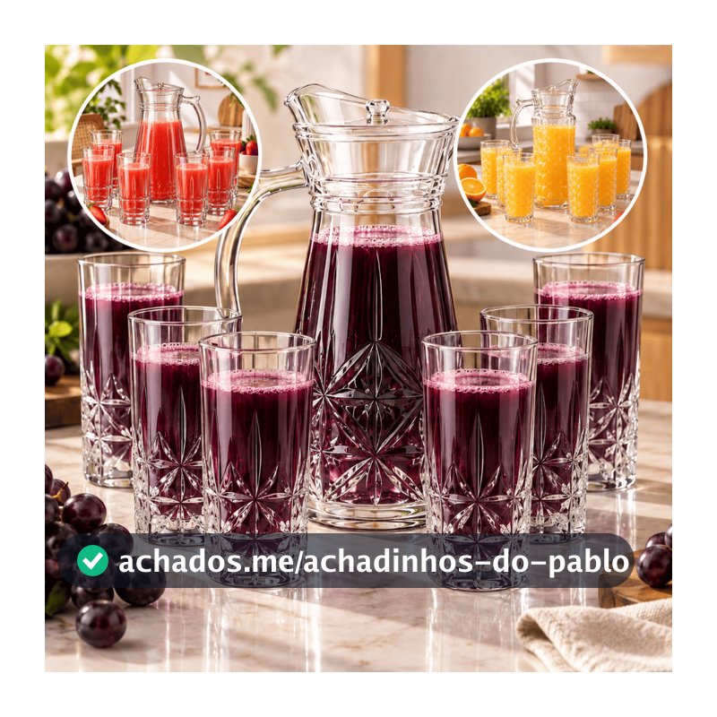 Jarra de Vidro 1,7L com 6 Copos 370ml Conjunto para Suco Água Bebidas Design Diamante