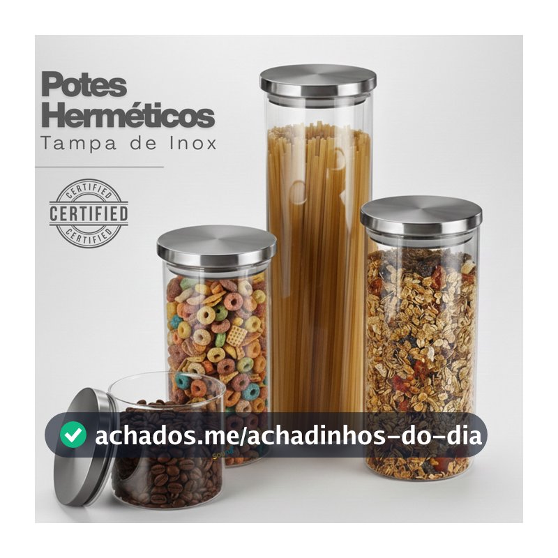 Porta Mantimento De Vidro Herméticos Kit Com 4 Potes Tampa De Inox