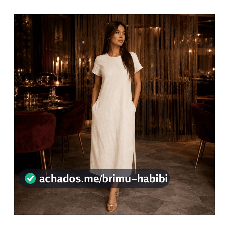 Vestido Feminino Manga Curta Linho Longo Elegante Atemporal Forrado Fenda Lateral Bolso Zíper Costas Verão Inverno