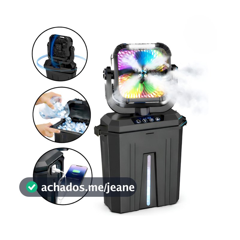 Ventilador Portátil Recarregável Umidificador De Ar Sem Fio 12l Com Led 30000mah 4 Velocidades Power Bank F912 Preto