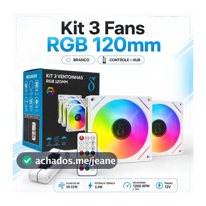Kit 3 Ventoinhas ARGB 120MM 1200 RPM ±10% com Baixo Ruído com Controle Remoto e Hub para Setup Gamer