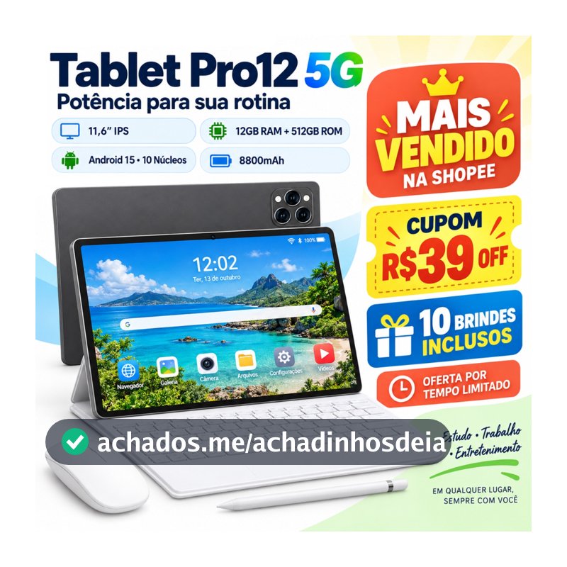 Tablet pad Pro12 5G Tela Grande PC Android 15 12GB RAM 512GB Com Teclado Bluetooth Mouse Caneta Stylus Kit Completo