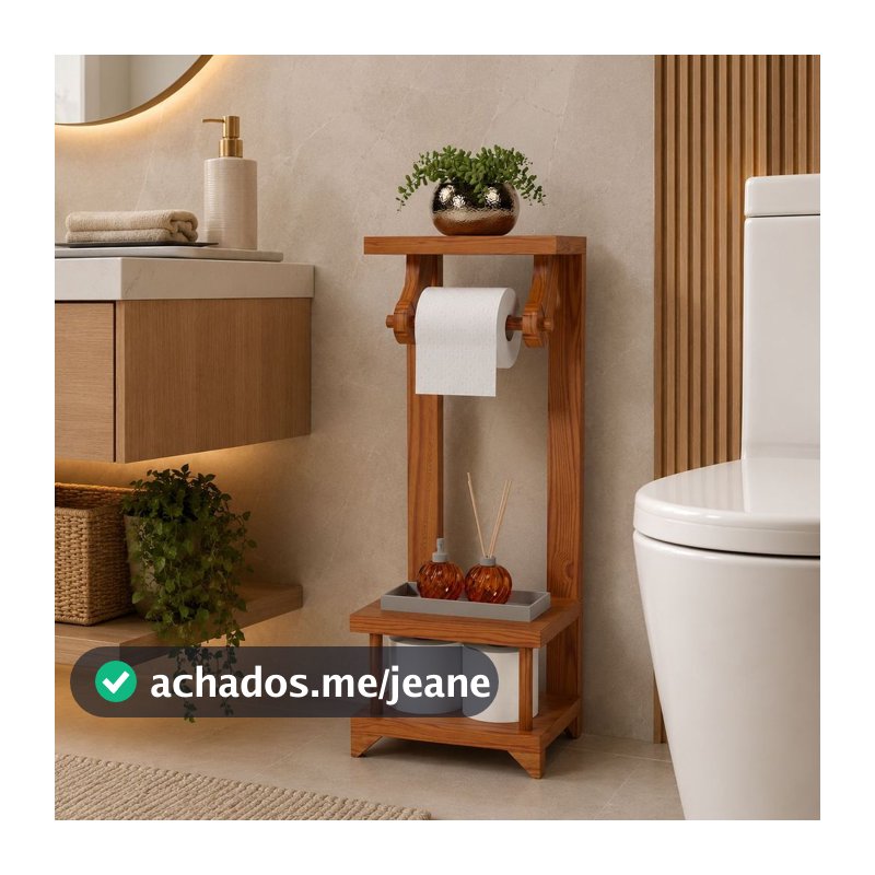 Suporte Porta Papel Higiênico de Chão com Organizador em Madeira