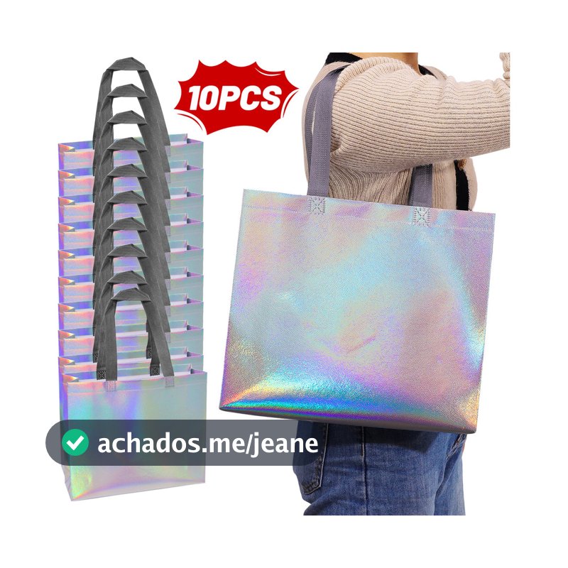 Kit 10 Sacolas Reutilizáveis Holográficas Para Compras Festa Presente
