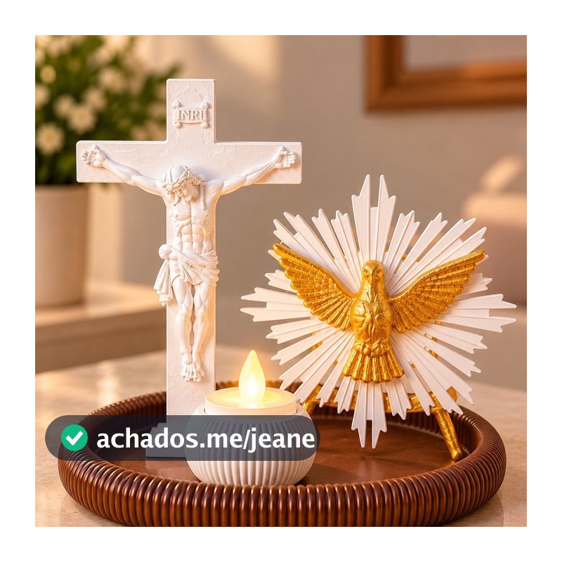 Kit Religioso Divino Espírito Santo Crucifixo Vela LED Bandeja Decorativa Oratório  5 Peças