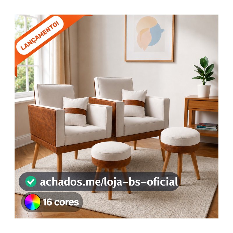 Kit 2 Poltrona Para Sala Decorativa Lis Almofada 2 Puff Redondo Corino Suede