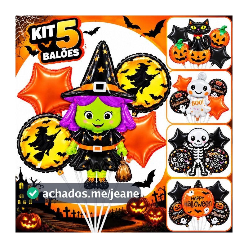 Kit 5 Balões Halloween Metalizados Preto | Decoração de Festa, Centro de Mesa e Tema Halloween